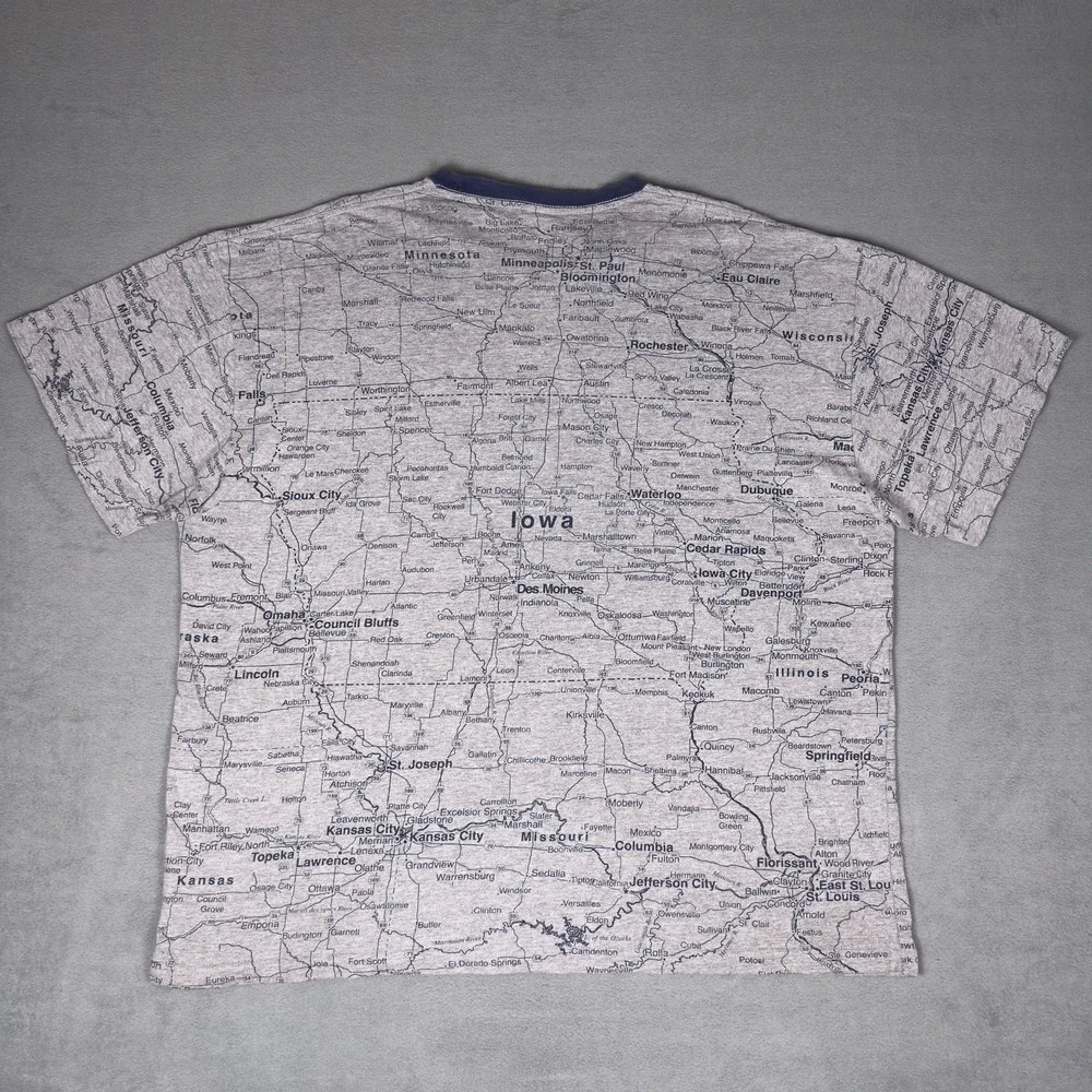 Vintage 90s Iowa Home Sweet Home All Over Print Map Ringer T-Shirt Gray XL 2XL
